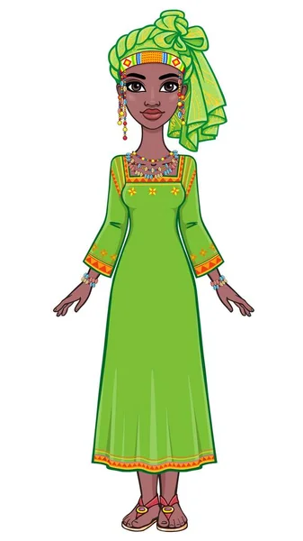 Portrait Animé Une Jeune Femme Africaine Dans Turban Vert Des — Image vectorielle