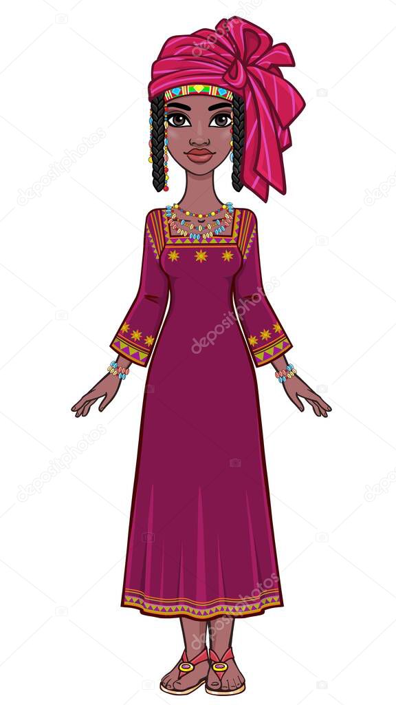 Animation portrait of a young African woman in a red striped turban and ethnic jewelry. Full growth. Template for use.  Vector illustration isolated on white background.