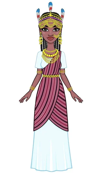 非洲之美 传统民族珠宝中美丽的黑人妇女的动画肖像 全面增长 在白色背景上孤立的矢量插图 — 图库矢量图片