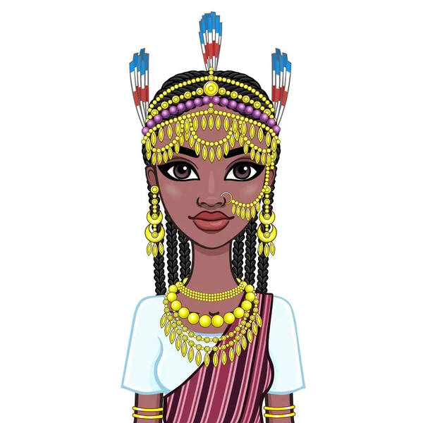 Αφρικανική Ομορφιά Animation Πορτρέτο Της Όμορφης Μαύρης Γυναίκας Ένα Παραδοσιακό — Διανυσματικό Αρχείο