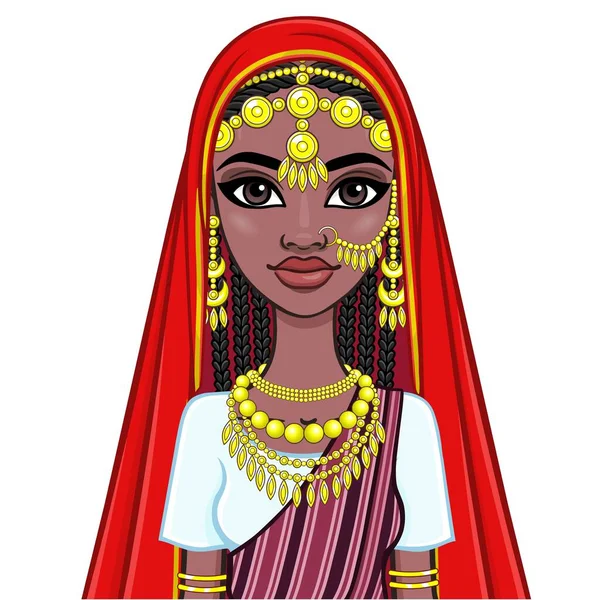 非洲之美 传统民族珠宝中美丽的黑人妇女的动画肖像 在白色背景上孤立的矢量插图 印刷品 T恤衫 — 图库矢量图片