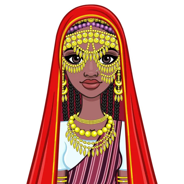 Африканская Красота Анимационный Портрет Красивой Черной Женщины Традиционных Этнических Украшениях — стоковый вектор