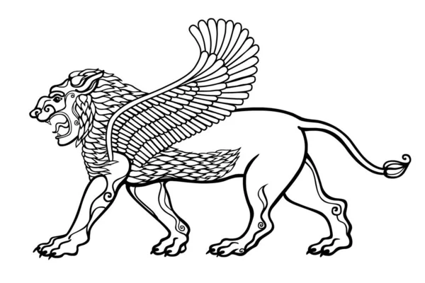 Cartoon Drawing Winged Lion Character Assyrian Mythology Inglés Ilustración Vectorial — Vector de stock