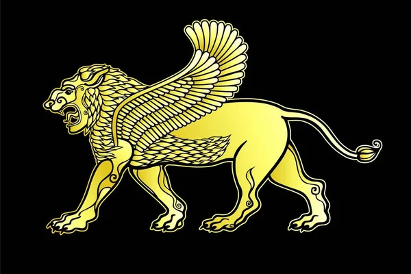 Tecknad Teckning Bevingat Lejon Karaktär Assyrisk Mytologi Imitation Guld Vektor — Stock vektor