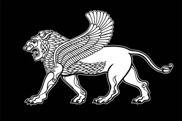 Cartoon Drawing Winged Lion Character Assyrian Mythology Inglés Ilustración Vectorial — Vector de stock