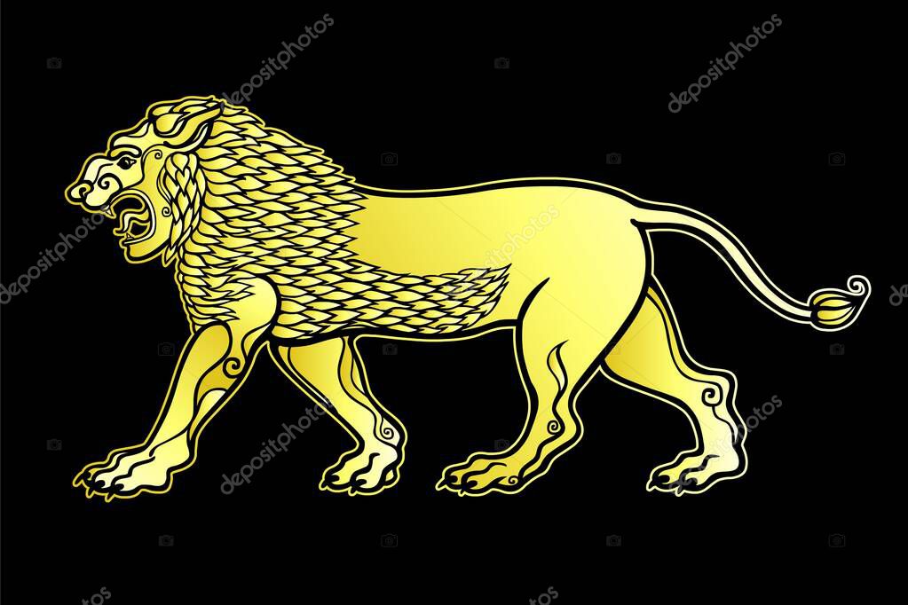 Cartoon drawing:  growling lion, a character in Assyrian mythology. Imitation of gold.  Vector illustration isolated on a black background.