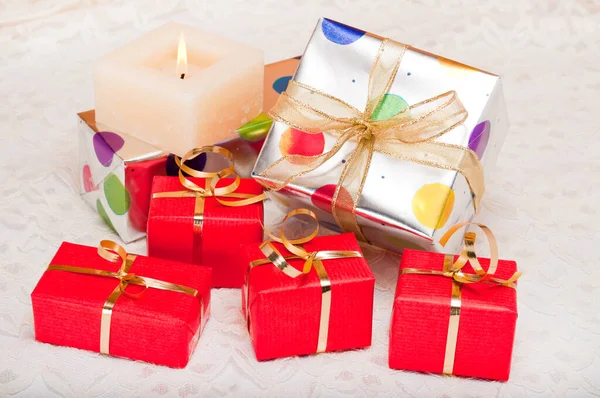 Beautiful Colorful Gift Boxes Candle Background White Lace — Stock Photo, Image