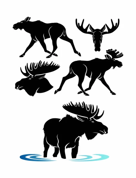 Elk Silhouette Set White Background — Stock Vector