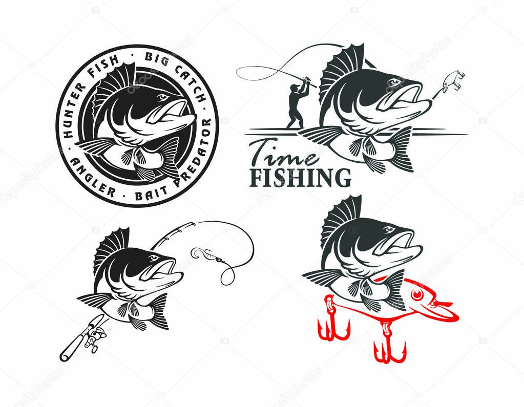 perch fishing icons on the white background