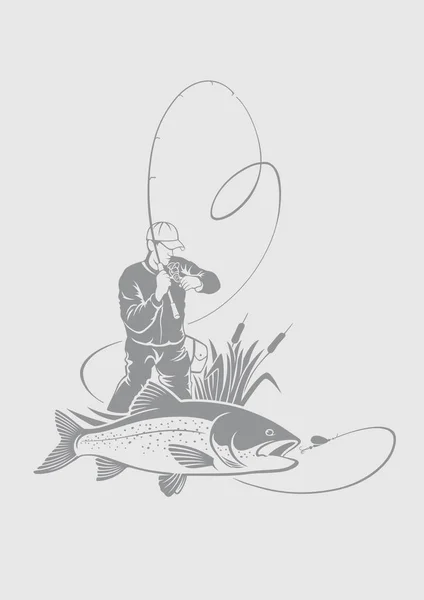 Ilustração Vetor Pescador Salmão Pesca — Vetor de Stock