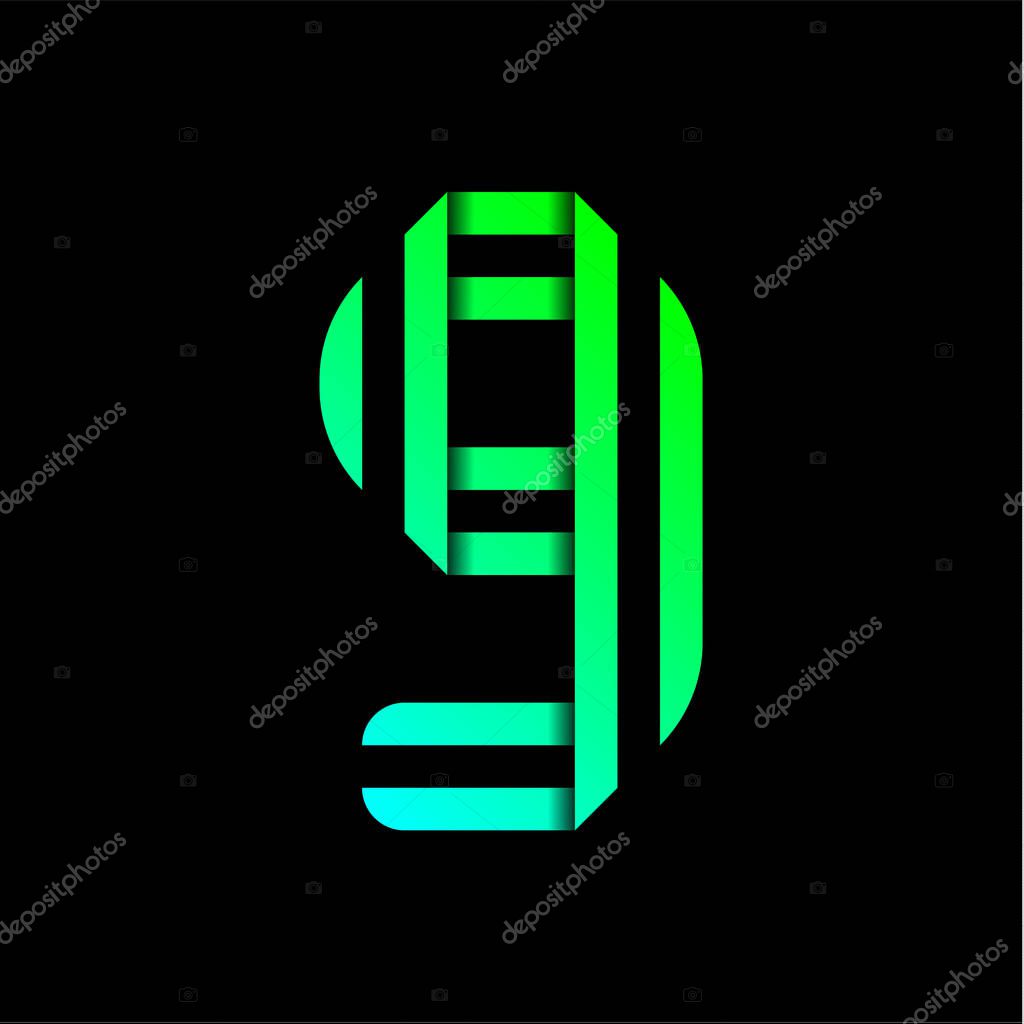 New font folded from two paper tapes. Trendy alphabet, green vector number nine on a black background.