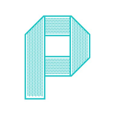 Modaya uygun yazı tipi delikli sacdan katlanmış. Düz alfabe, mavi vektör harf P beyaz bir arka plan.