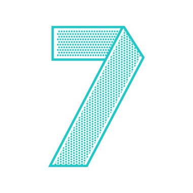 Modaya uygun yazı tipi delikli sacdan katlanmış. Düz alfabe, mavi vektör sayı yedi beyaz bir arka plan.