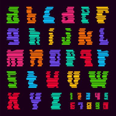 Renkli yazı tipi şeritler kesin. Trendy alfabesi, parlak renkli vektör harfler küçük harfe bloklardan yapılmış