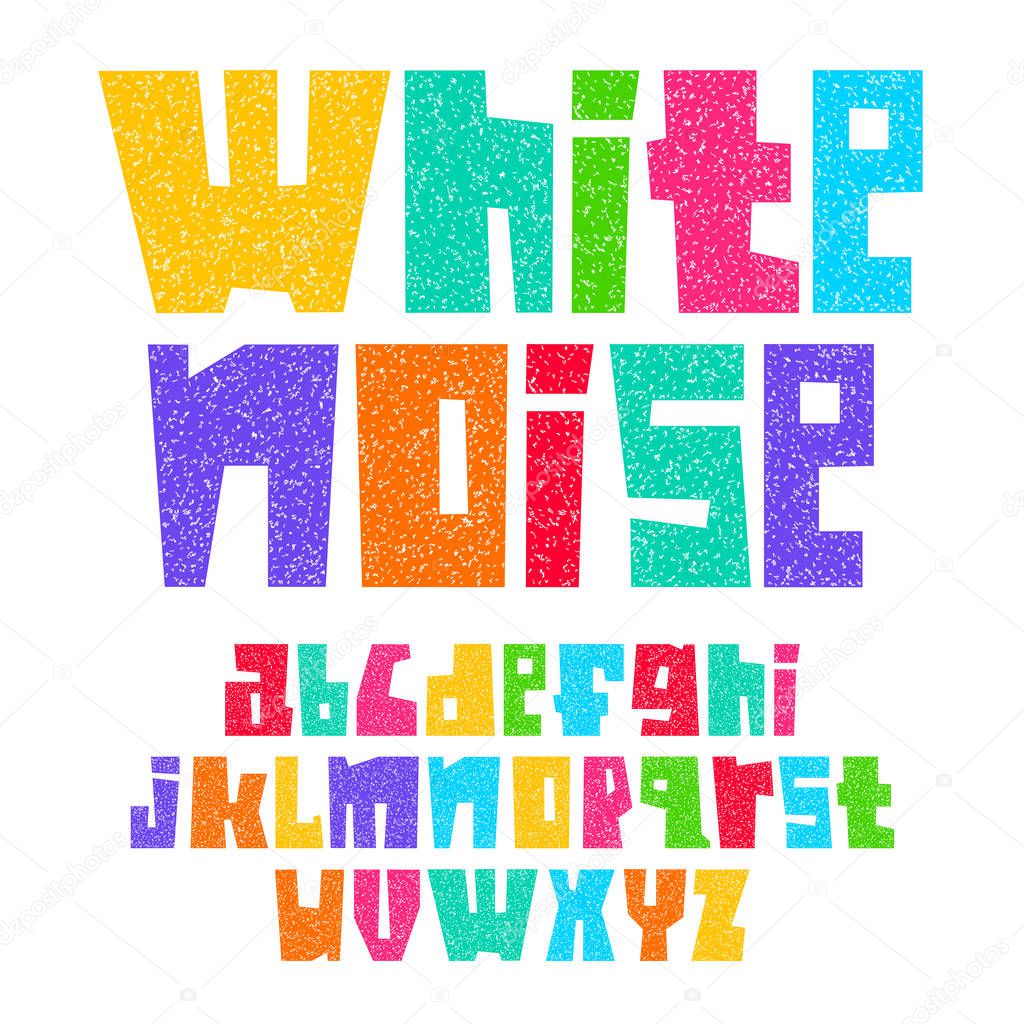 Font cut from sheets paper. Trendy alphabet, bright colored vector letters with white noise, lowercase