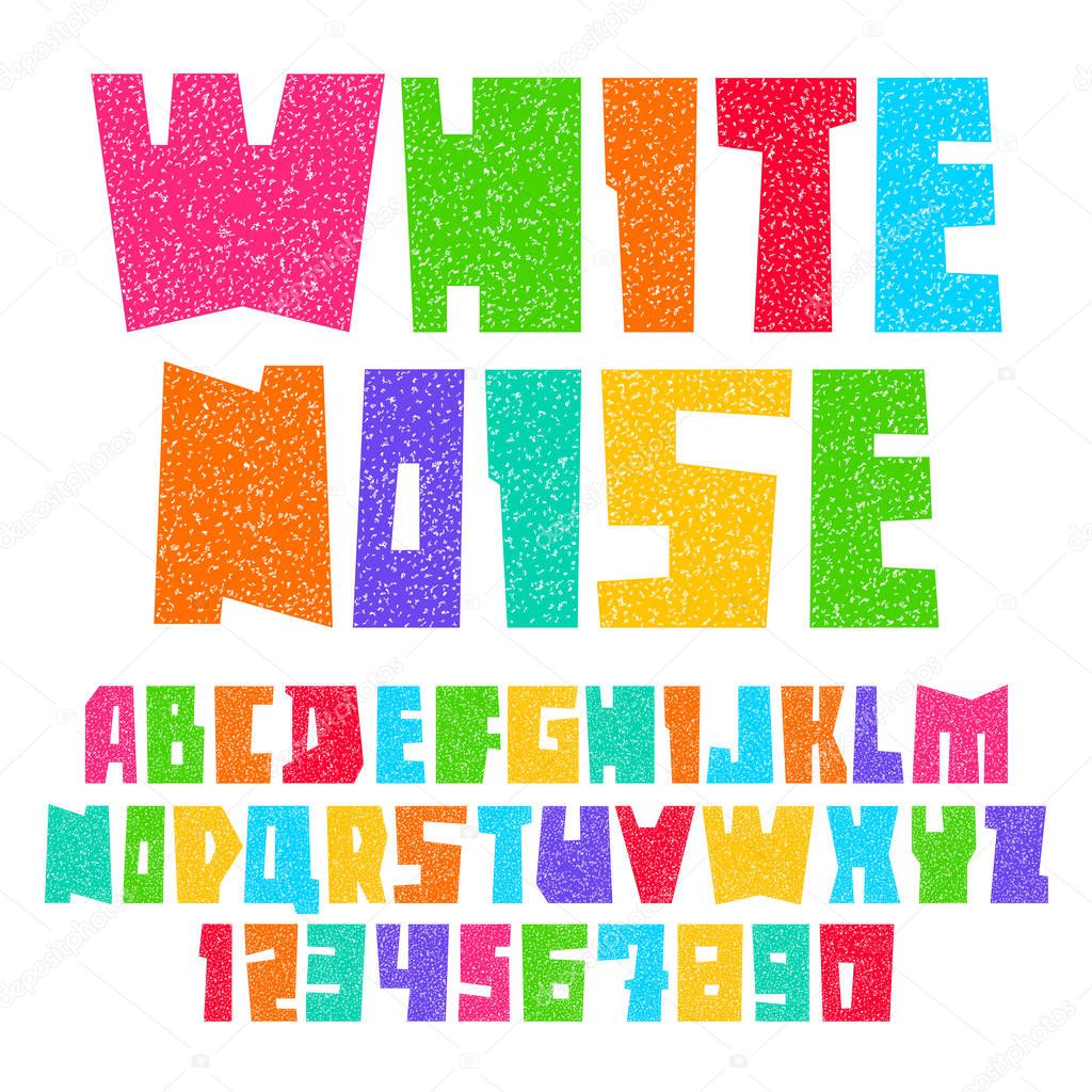 Font cut from sheets paper. Trendy alphabet, bright colored vector letters with white noise, uppercase