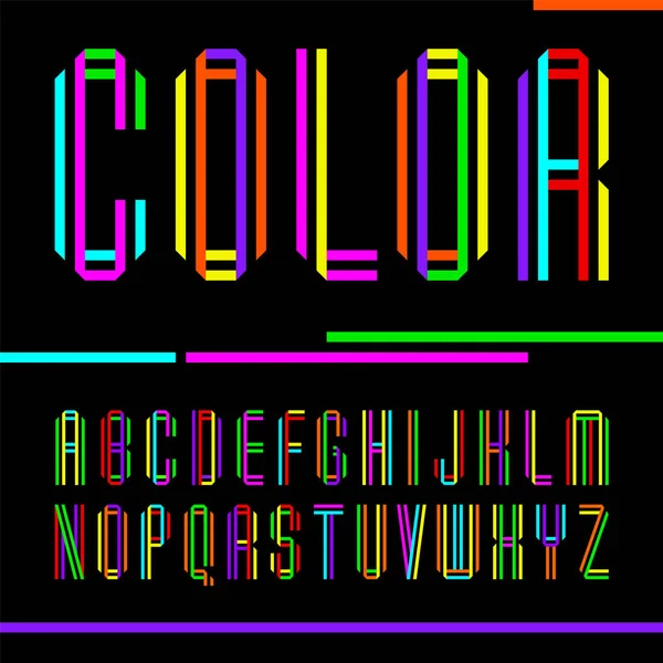 Lettertype gevouwen uit twee gekleurde tapes, heldere vector letters. — Stockvector
