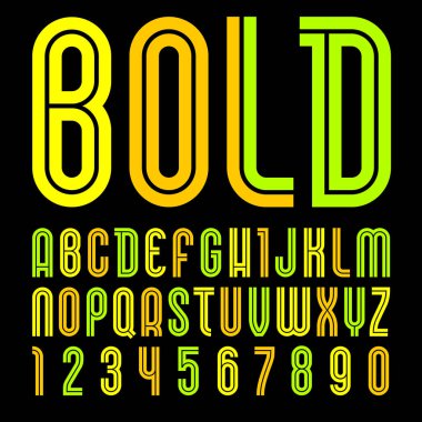 Disko yazı tipi. Modaya uygun alfabe, siyah arka plan üzerinde renkli vektör harfleri