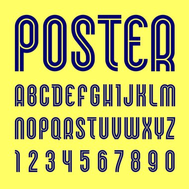 Disko yazı tipi. Modaya uygun alfabe, sarı arka plan üzerinde koyu vektör harfleri