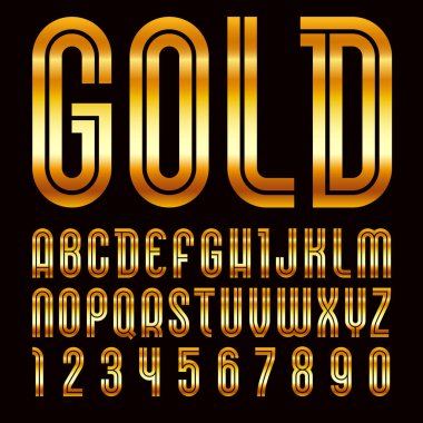 Yazı tipi adı Disco. Modaya uygun alfabe, siyah arka plan üzerinde altın vektör parlak harfler