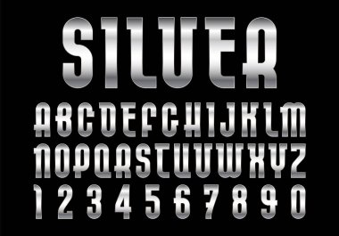 Gümüş yazı tipi, metalik doku ile alfabe. Vektör parlak harfler ve sayılar.