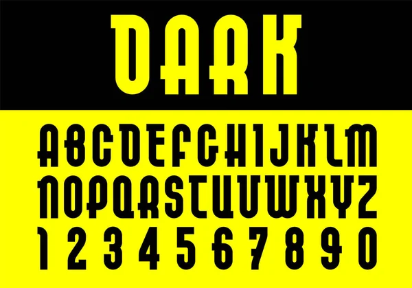 Koyu yazı tipi. Modaya uygun alfabe, sarı arka plan üzerinde siyah vektör harfleri. — Stok Vektör