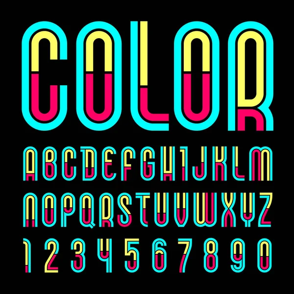 Nazwa czcionki Disco. Modny alfabet, kolorowe litery wektorowe na czarnym tle — Wektor stockowy