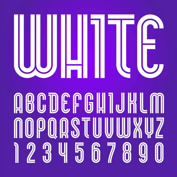 Fonte Disco. Alphabet tendance, lettres vectorielles blanches sur fond violet — Image vectorielle