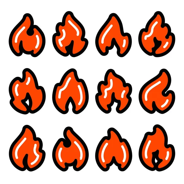 Feuerflammen, rote Symbole mit schwarzer Umrandung — Stockvektor