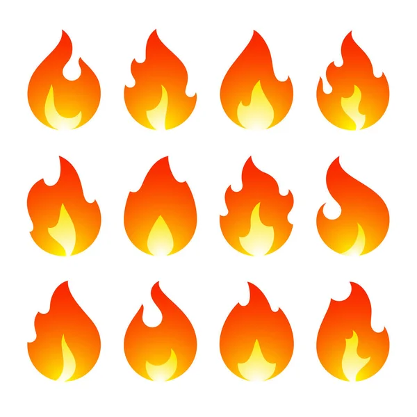 Fogo chamas, novo conjunto de ícones laranja amarelo — Vetor de Stock