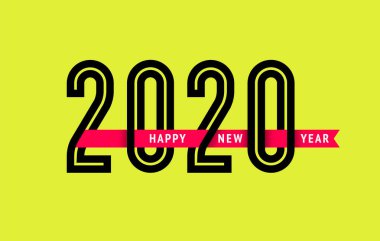 Kırmızı bantlı yeni yıl 2020 metin tasarımı, vektör illüstrasyonu 10eps