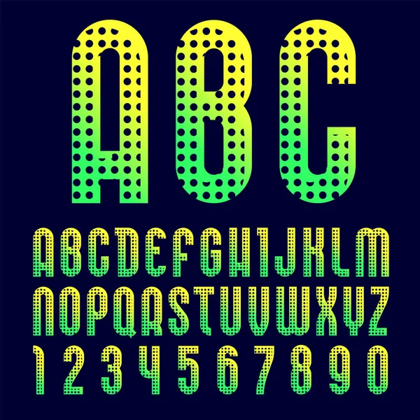 Kreative helle Schrift, trendiges Alphabet im Stil der Pop-Art, Vektorbuchstaben und Zahlen mit hohem Detail und punktiertem Texturmuster. — Stockvektor
