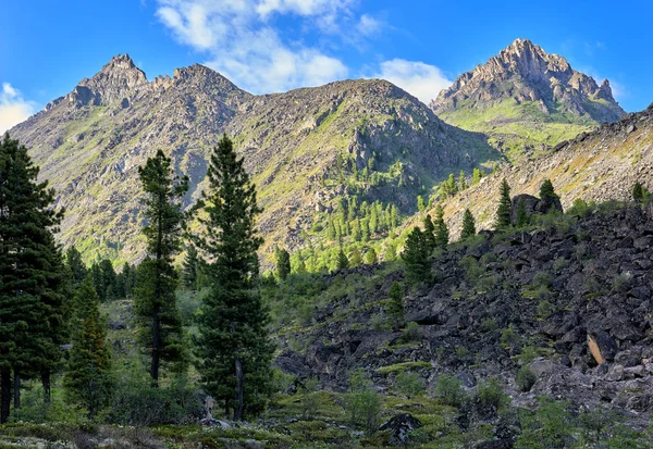 Morning Siberian Mountains Sunlight Illuminates Mountains Background Foreground Still Shadow — Stock Photo, Image