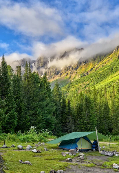 Routards de tente installés en bordure de la forêt sombre Images De Stock Libres De Droits