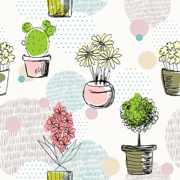 鉢に観葉植物とシームレスなパターン ベクトル — ストックベクタ