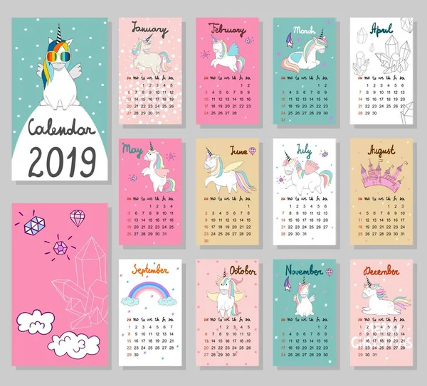 Vetor Desenho Manual Calendário 2019 Unicórnios Giros Mágicos Semana Começa — Vetor de Stock