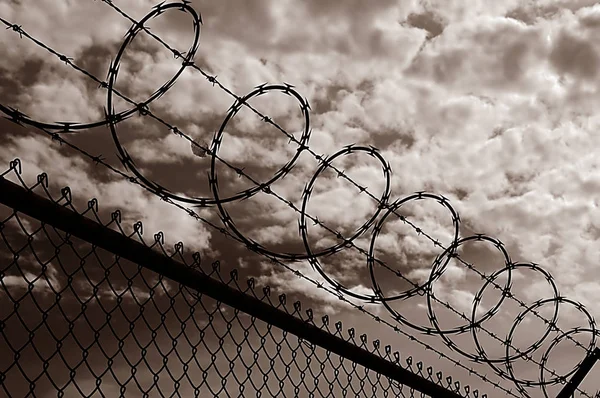 Dikenli Tel Güvenlik Çit Siyah Beyaz Resim — Stok fotoğraf