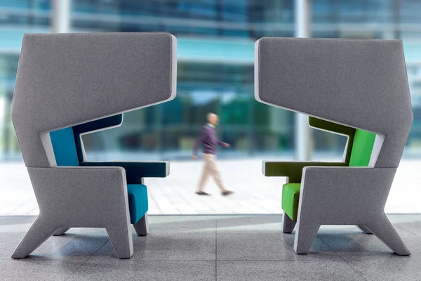 Two Modern Empty Armchairs Waiting Hall Interior Walking Blurry Man — Stock Photo, Image