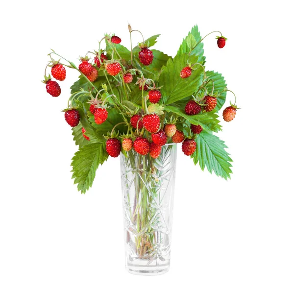 Bouquet Wild Strawberries Small Glass Vase Isolated White Background Front — Stock Photo, Image