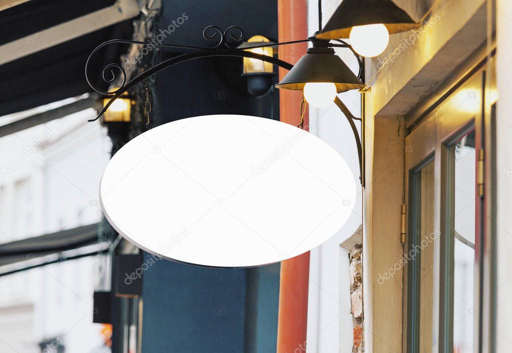 Blank white restaurant signage mockup, outdoor company sign with copy space, real life picture 