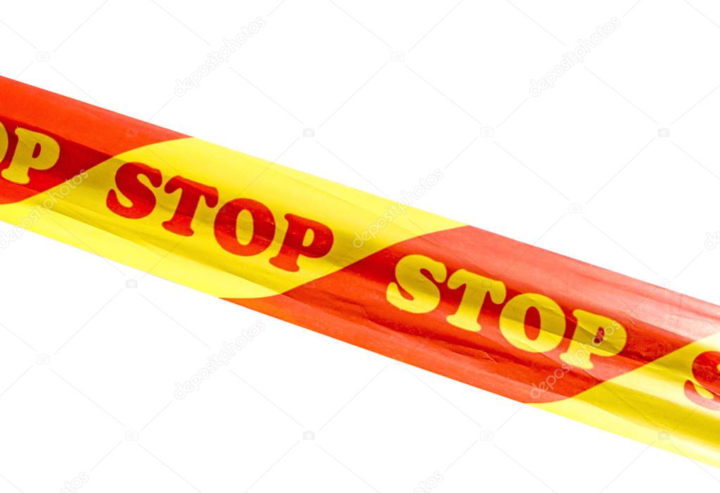 Warning tape with STOP sign isolated on white background                            