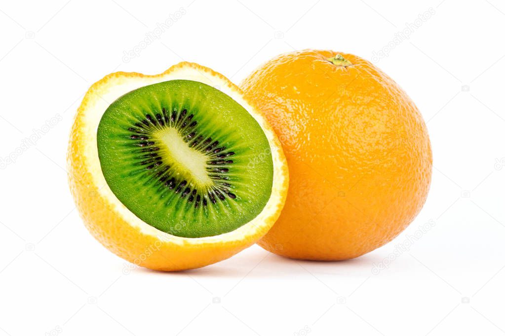 Creative photo manipulation of sliced orange with green kiwi inside isolated on white background