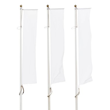 Three blank white flags on flagpoles isolated on white background, corporate flag mockup to ad logo, text or symbol, company identity flag template with copy space clipart