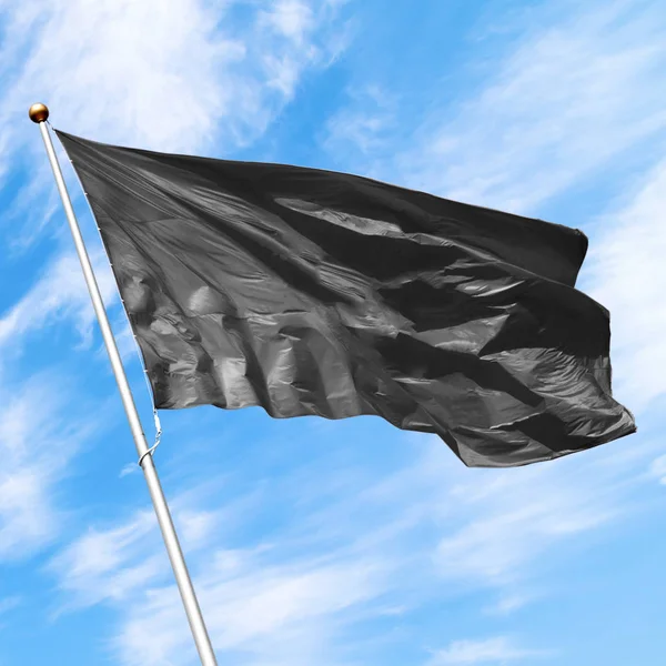 Black Flag Waving Wind Blue Cloudy Sky Perfect Mockup Add — Stock Photo, Image