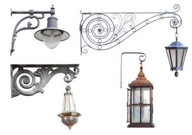Eski vintage paslı sokak lambaları ve beyaz arka plan üzerinde izole fenerler ayarla