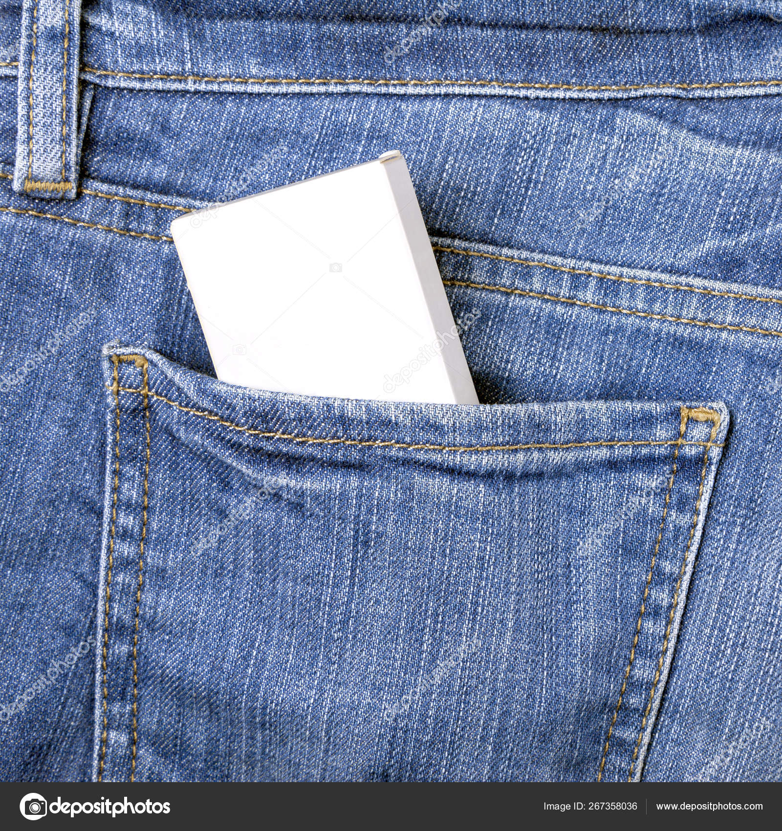 Download White Box Mockup In The Back Pocket Of Blue Jeans Stock Photo Image By C Cebas1 267358036