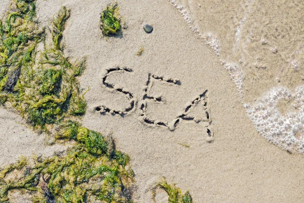 Woord zee handgeschreven op een zandstrand met witte golf en groen onkruid — Stockfoto
