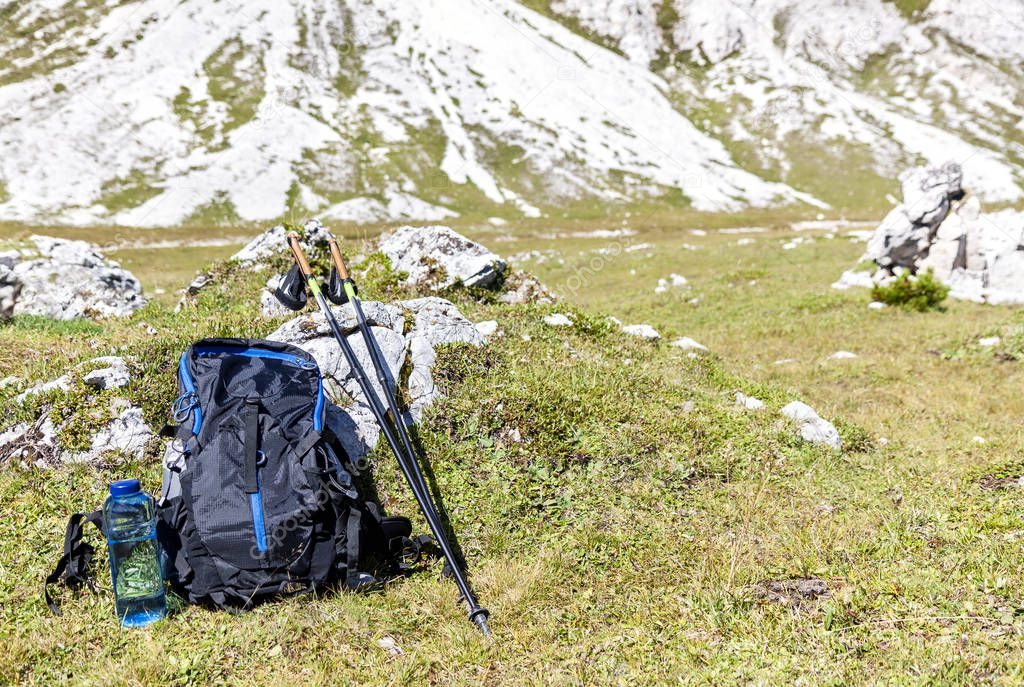 Hiking equipment in mountains in summer