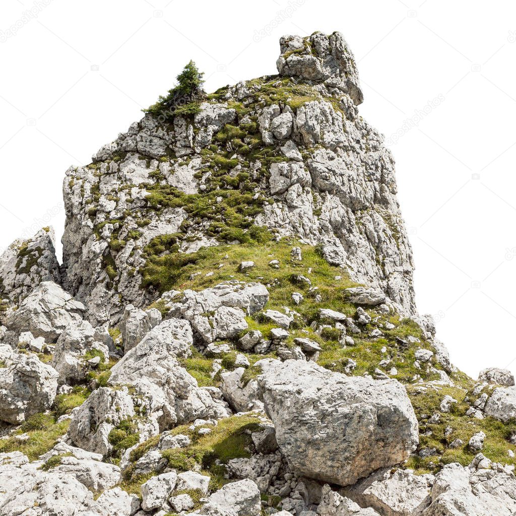 Mossy mountain cliff isolated on white background