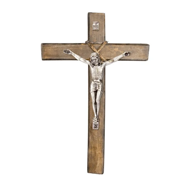 Stary Drewniany Chrześcijański Krzyż Jezusa Chrystusa Odizolowany Białym Tle — Zdjęcie stockowe